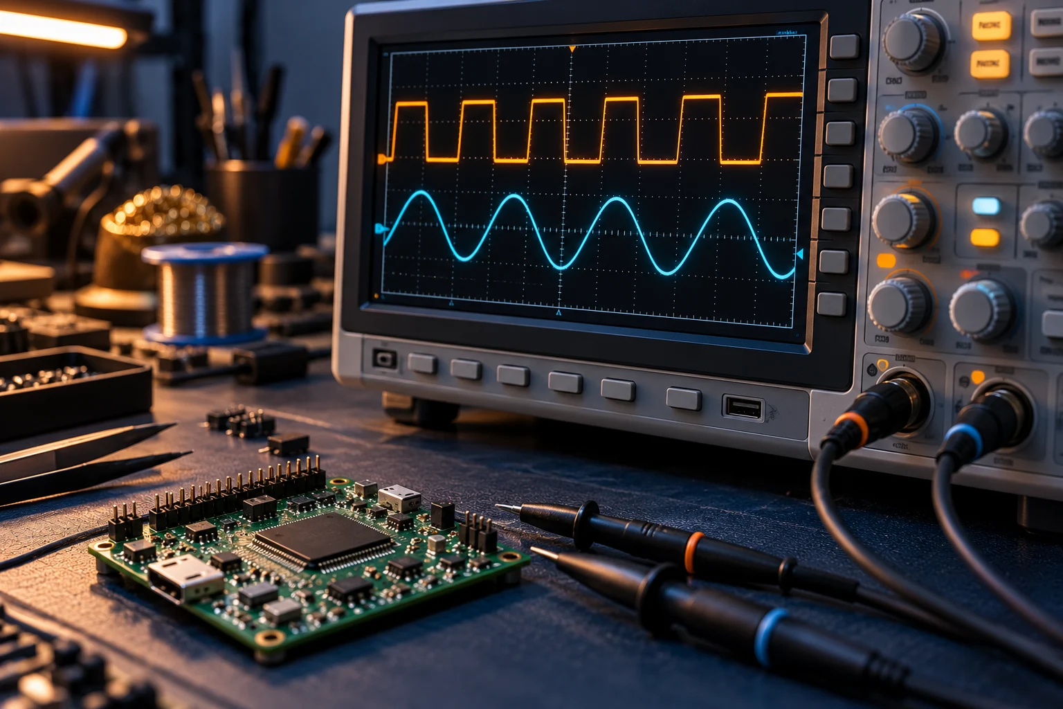 Illustrative oscilloscope with orange and cyan waveforms beside an embedded board